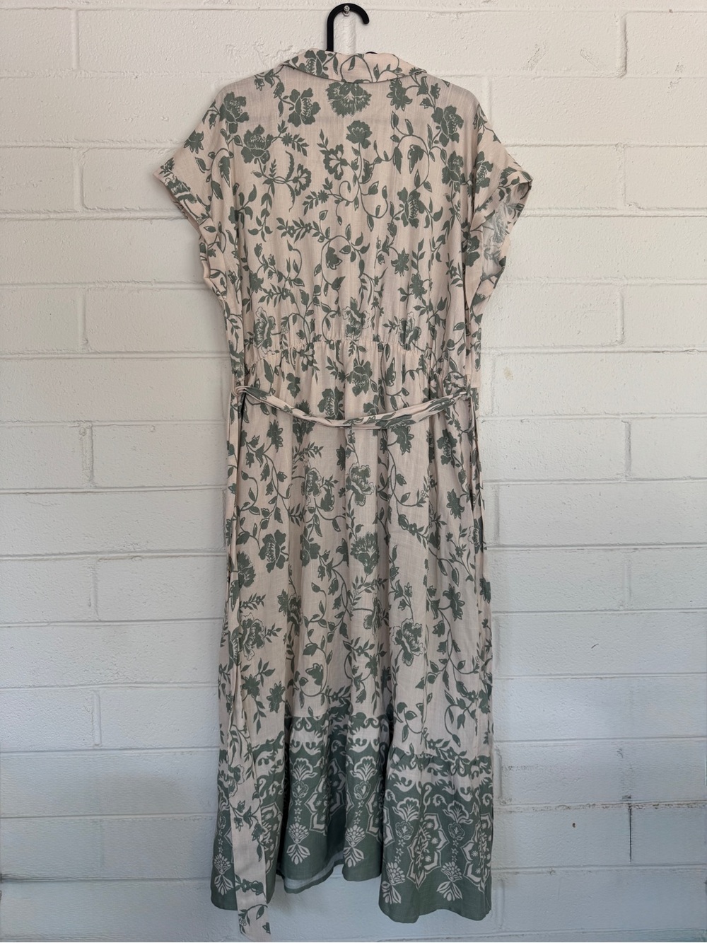 Lucky Brand Relaxed Beige Sage Floral Shirt Dress Midi Button Front Belted L - Picture 5 of 10